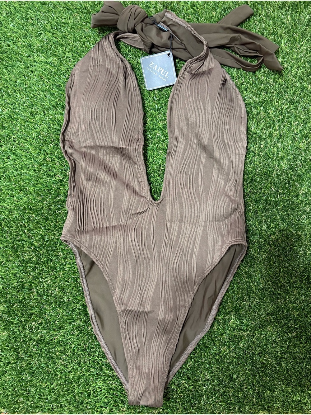ZAFUL Brown Textured Halter One-Piece Swimsuit